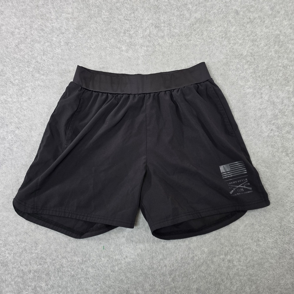 Grunt Style Gym Shorts Athletic Mens Medium Black Drawstring Flag 5" Active Run